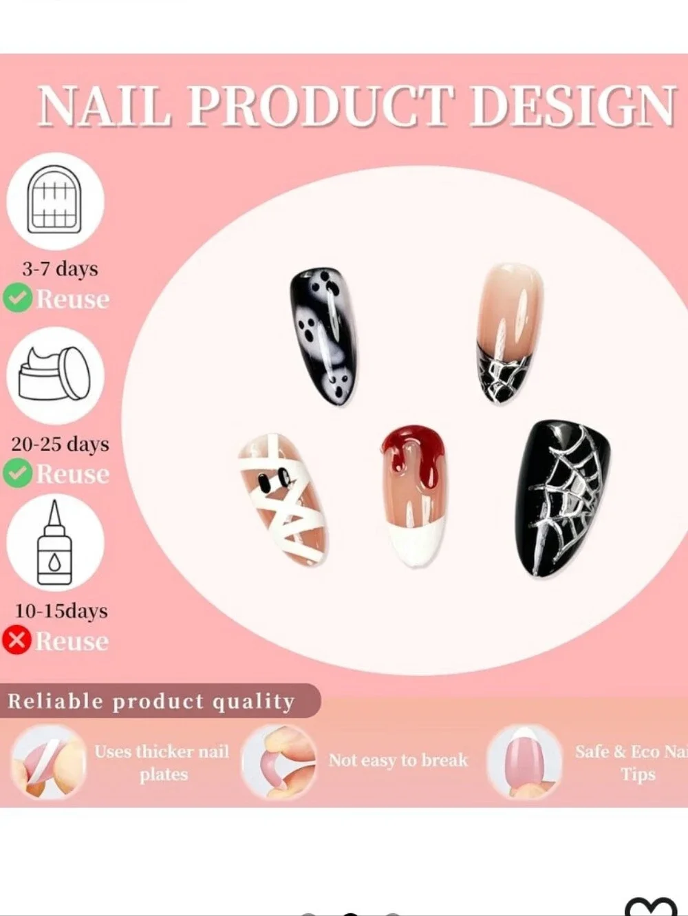 30Pcs Halloween Ghost Press on Nails Almond Spider Web, Mummy, Blood Drip